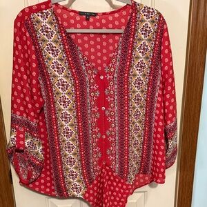 West Kei Red and White Patterned Blouse size medium